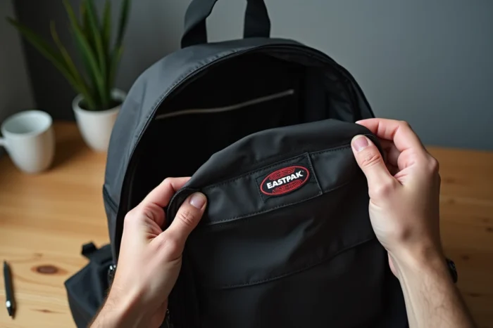Gros plan sur l'étiquette intérieure d'un sac Eastpak pour vérifier l'authenticité du numéro de série