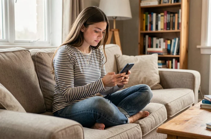 Étudiante se connectant pas à pas à une application e-learning sur son smartphone depuis son salon