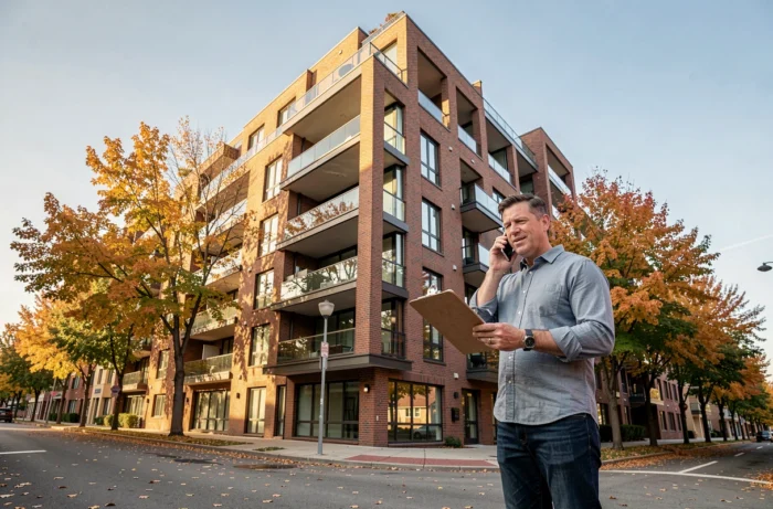 Investisseur immobilier masculin évaluant un immeuble d'appartements contemporain en automne avec presse-papiers et téléphone
