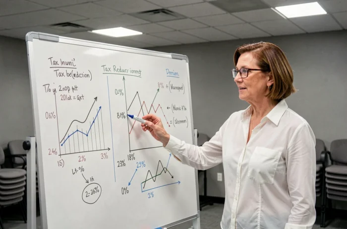 Experte-comptable présentant des stratégies de réduction fiscale sur un tableau blanc avec des graphiques financiers lors d'un séminaire d'entreprise