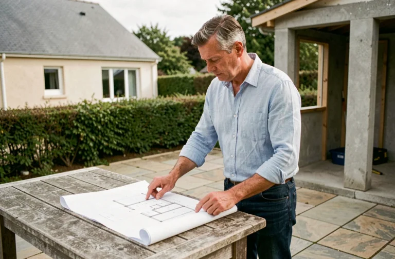 Propriétaire consultant des plans d'extension de maison sur une terrasse en pierre avec un abri de jardin en construction en arrière-plan
