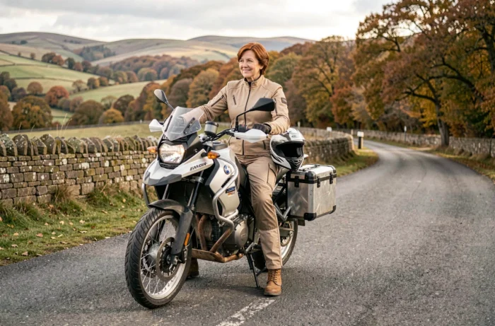 Femme quinquagénaire en équipement de moto assise sur une moto aventure sur une route de campagne