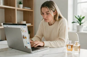 Femme consultant un site de vente de parfum en ligne sur un ordinateur portable depuis son bureau à domicile