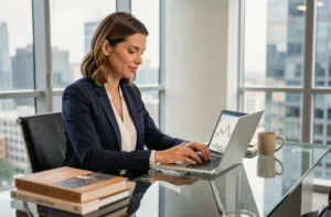 Femme d'affaires analysant des graphiques financiers sur un ordinateur portable dans un bureau moderne avec vue sur la ville