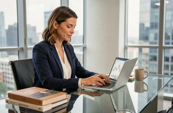 Femme d'affaires analysant des graphiques financiers sur un ordinateur portable dans un bureau moderne avec vue sur la ville