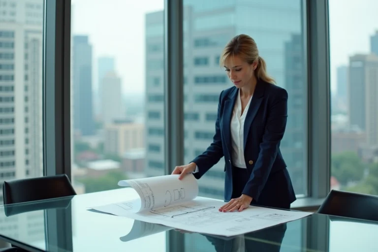 Femme d'affaires analysant des documents financiers et des plans immobiliers dans une salle de réunion corporative moderne, illustrant la structure OpCo-PropCo