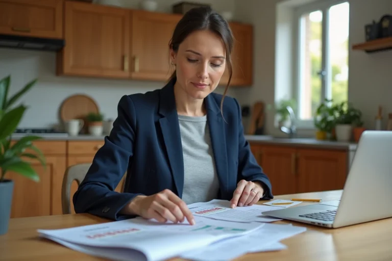 Femme analysant des offres de crédit à sa table de cuisine avec des documents financiers et un ordinateur portable