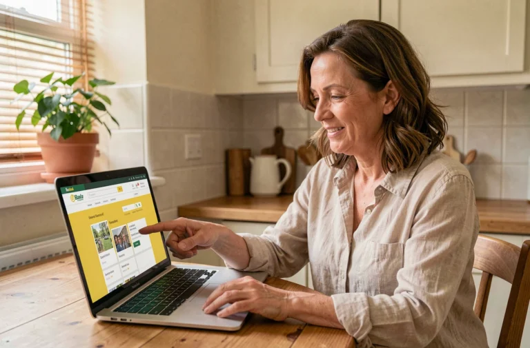 Femme utilisant un annuaire pages jaunes local en ligne sur un ordinateur portable dans sa cuisine