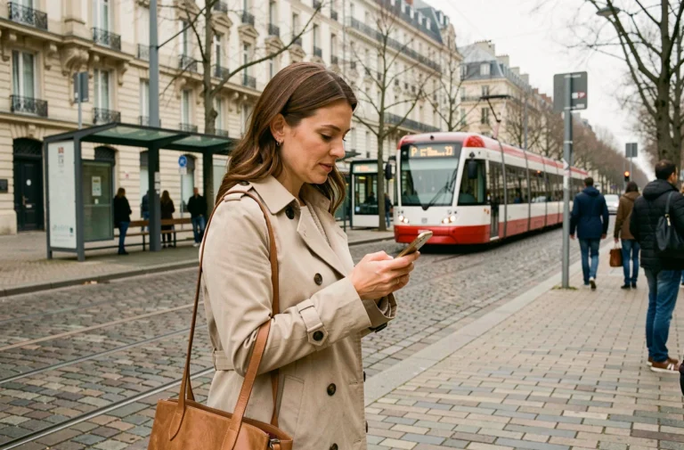 Femme consultant une application de transport en commun à un arrêt de tram à Rennes pour éviter les embouteillages