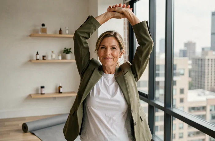 Femme cadre pratiquant des étirements dans un studio bien-être avec vue sur la ville