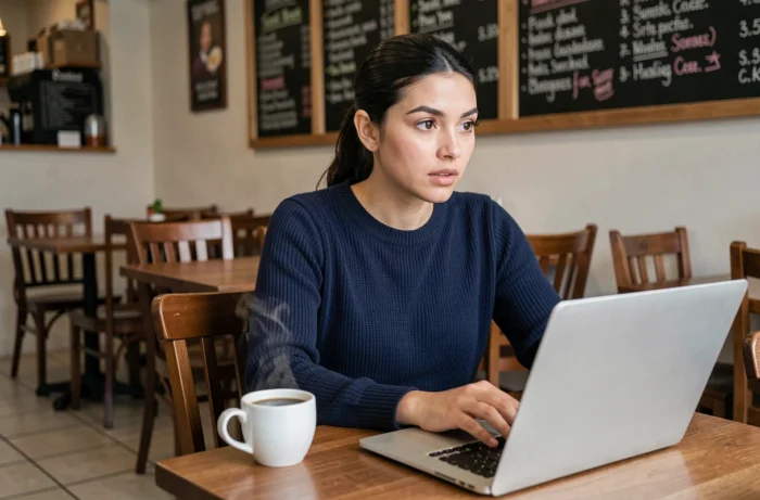Femme consultant la nouvelle adresse d'un site de téléchargement depuis un café avec son laptop