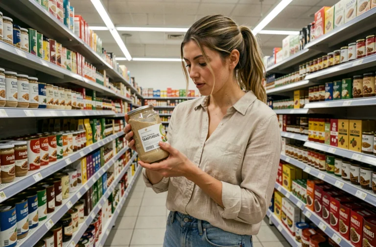 Femme cherchant un pot de tahini dans le rayon épicerie d'un supermarché français