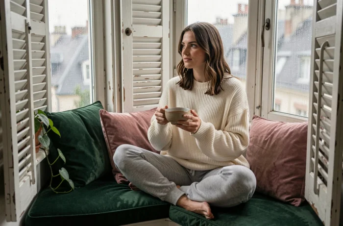 Jeune femme installée dans un coin fenêtre cosy avec des coussins en velours, tenant un bol de thé et regardant la pluie dans un appartement haussmannien
