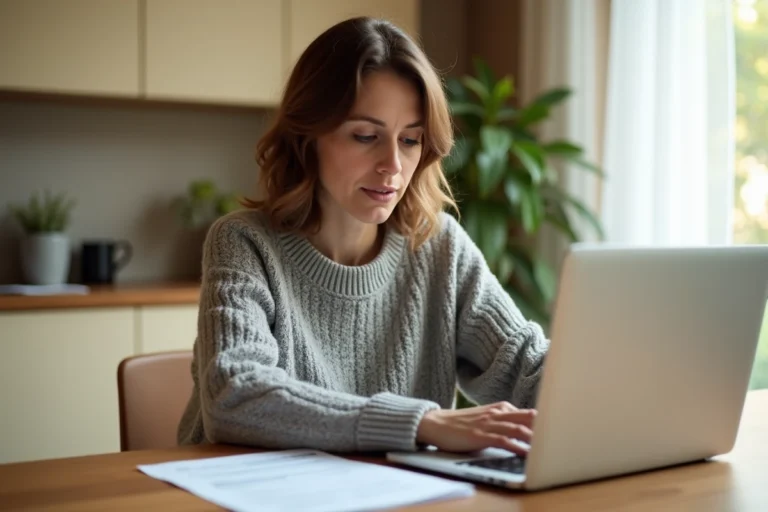 Femme consultant un contrat d'assurance habitation en ligne sur son ordinateur portable dans une cuisine moderne
