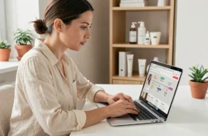 Femme consultant le sitemap d'un site de cosmétiques sur un ordinateur portable dans un bureau minimaliste
