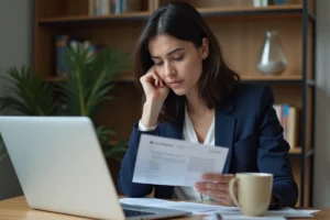 Femme consultant des documents CPF à son bureau pour financer une formation ou un projet personnel