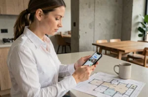 Femme professionnelle consultant un projet immobilier sur smartphone avec des plans architecturaux sur un comptoir moderne