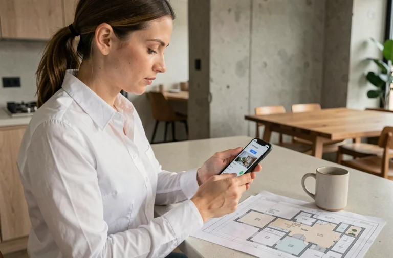 Femme professionnelle consultant un projet immobilier sur smartphone avec des plans architecturaux sur un comptoir moderne