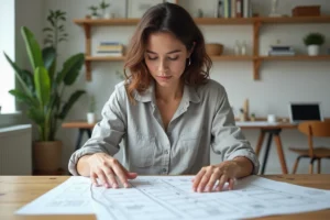 Femme consultant un plan de site imprimé sur un bureau en bois dans un bureau à domicile moderne