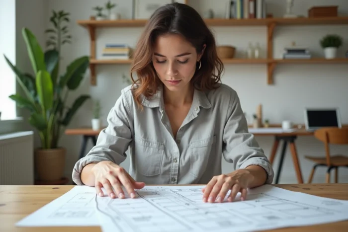 Femme consultant un plan de site imprimé sur un bureau en bois dans un bureau à domicile moderne