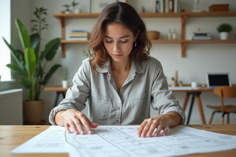 Femme consultant un plan de site imprimé sur un bureau en bois dans un bureau à domicile moderne