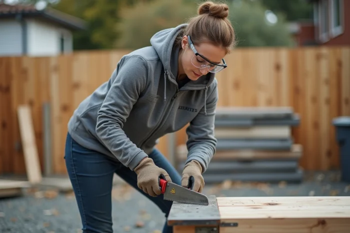 Femme découpant une cornière métallique avec une scie à métaux sur un chantier de rénovation extérieur