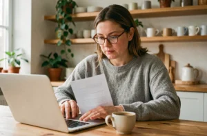 Femme consultant une demande de crédit en ligne sur son ordinateur portable depuis sa cuisine moderne
