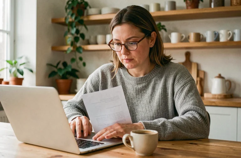 Femme consultant une demande de crédit en ligne sur son ordinateur portable depuis sa cuisine moderne