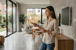 Femme interagissant avec un panneau domotique intelligent dans un salon moderne aux matériaux naturels