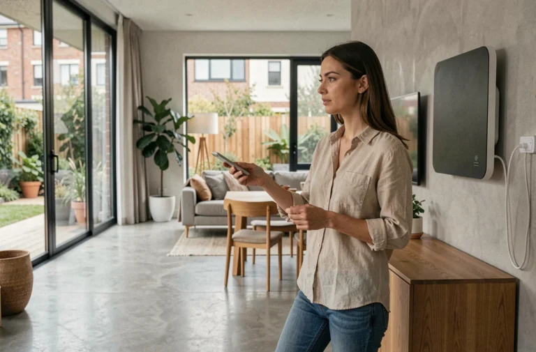 Femme interagissant avec un panneau domotique intelligent dans un salon moderne aux matériaux naturels