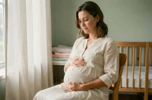 Femme enceinte sereine assise dans une chambre de bébé en cours d'aménagement, tenant son ventre avec douceur
