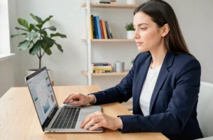 Femme entrepreneur travaillant sur son business en ligne depuis un bureau scandinave moderne avec tableau de bord analytique