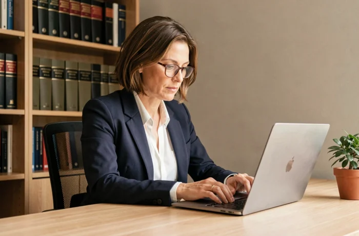 Femme entrepreneur consultant des services juridiques en ligne sur son ordinateur portable dans un bureau à domicile moderne