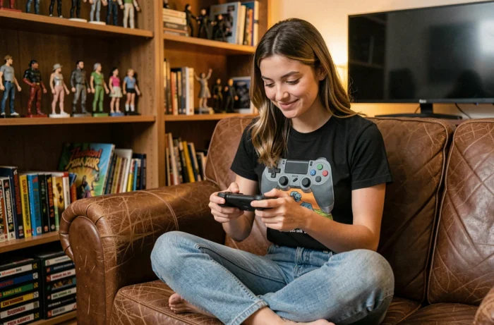 Jeune femme geek jouant à une console portable dans une salle de jeux décorée de figurines et de jeux rétro