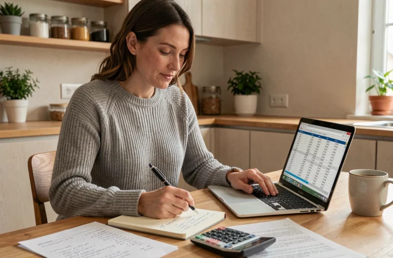 Femme gérant son budget personnel sur un ordinateur portable à une table de cuisine en bois avec des notes manuscrites