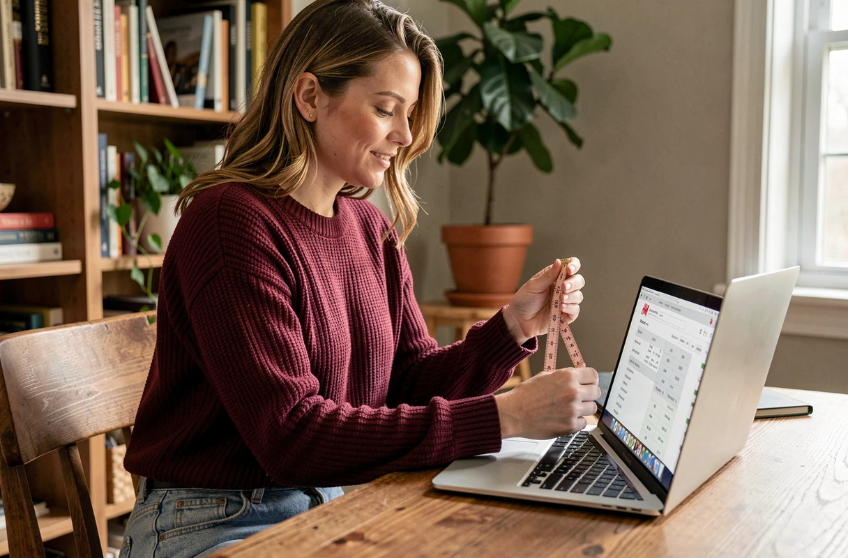 Femme consultant le guide des tailles H&M sur ordinateur portable pour faire ses achats en ligne