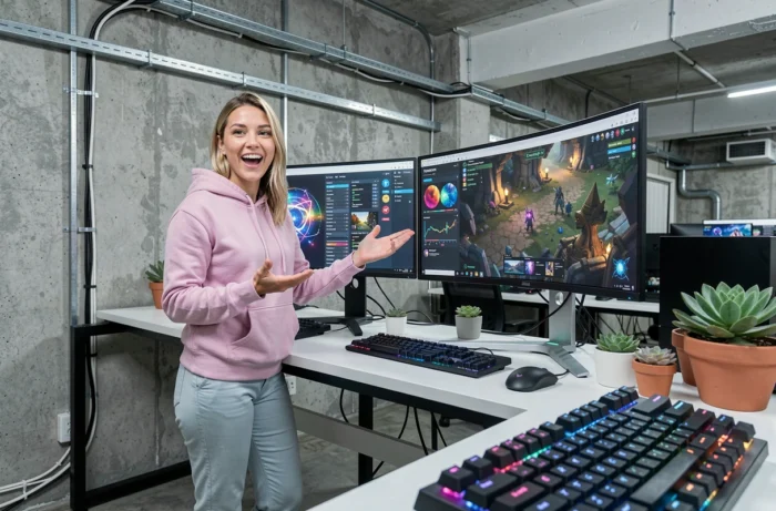 Femme passionnée de high-tech travaillant sur un double écran dans un espace de travail moderne et geek