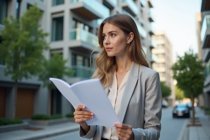Jeune femme professionnelle devant un immeuble résidentiel urbain tenant un document d'investissement immobilier collectif