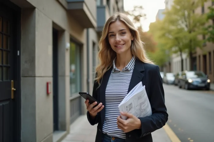 Femme debout devant un immeuble résidentiel consultant une application immobilière sur smartphone, symbolisant l'investissement locatif sans apport