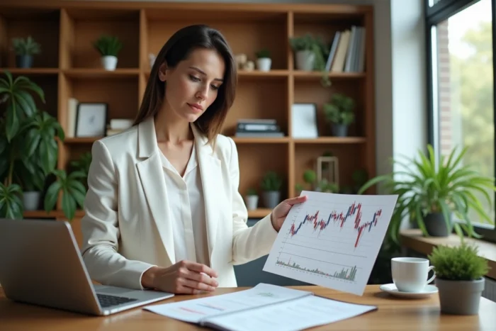 Femme investisseuse analysant un portefeuille boursier et des graphiques sur ordinateur depuis son bureau à domicile
