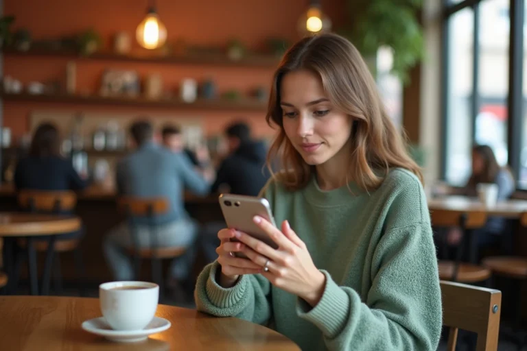 Jeune femme consultant ses invitations Instagram sur son smartphone dans un café moderne