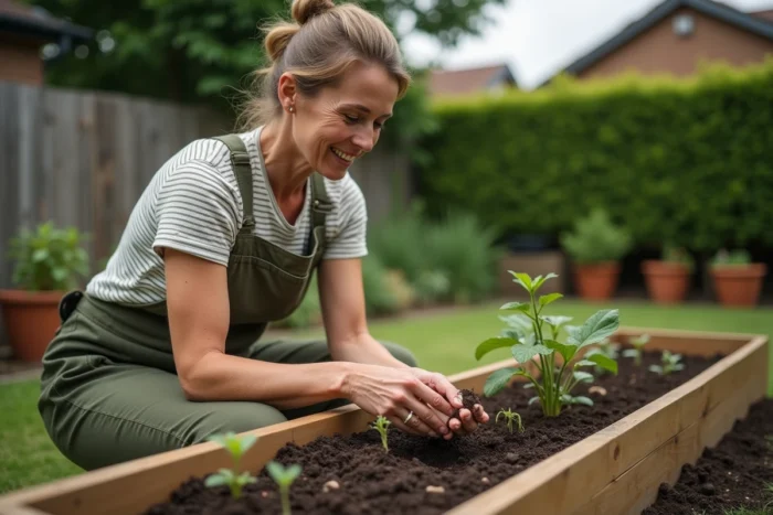 Femme jardinière transplantant des semis dans un potager surélevé en bois au printemps
