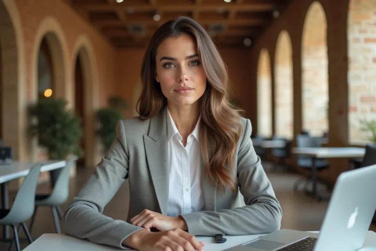 Jeune femme d'origine libanaise assise à un bureau moderne dans un espace de travail contemporain à Beyrouth, symbolisant le parcours d'une influenceuse internationale