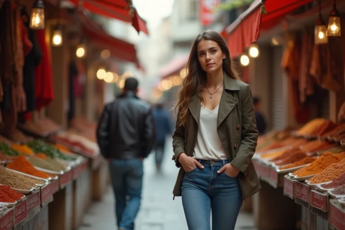 Femme d'origine libanaise se promenant dans un marché urbain animé aux couleurs chaudes, évoquant les racines culturelles et le parcours personnel d'une figure de l'influence internationale