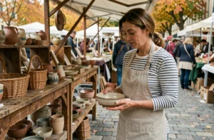 Femme examinant une poterie artisanale française dans un marché de créateurs en plein air
