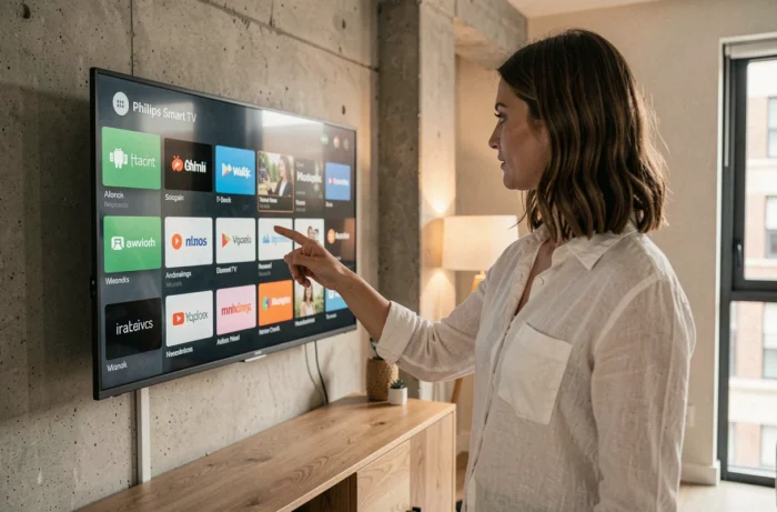 Femme pointant les applications sur l'écran d'une Smart TV Philips dans un appartement moderne