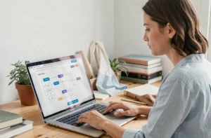 Femme consultant le plan du site Amplement sur un ordinateur portable dans un bureau moderne