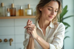 Femme à peau sensible appliquant un parfum naturel sur son poignet dans une salle de bain minimaliste