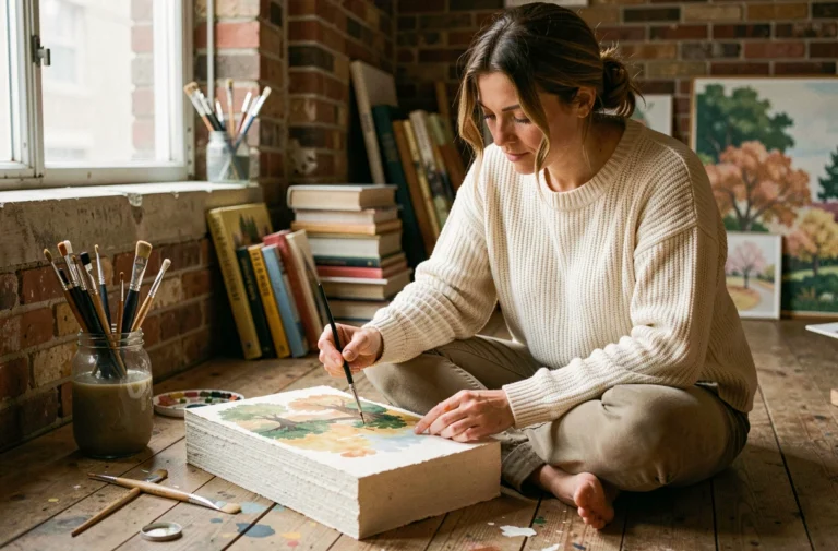 Femme peignant une aquarelle dans un atelier créatif fait maison, entourée de pinceaux et de livres d'art