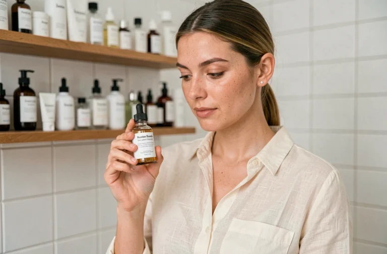 Femme examinant l'étiquette d'un produit cosmétique dans une salle de bain minimaliste pour vérifier la mention cruelty free